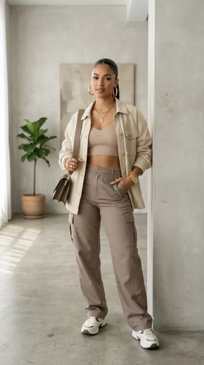 Woman in cohesive baddie summer aesthetic outfit with neutral tones and statement accessories