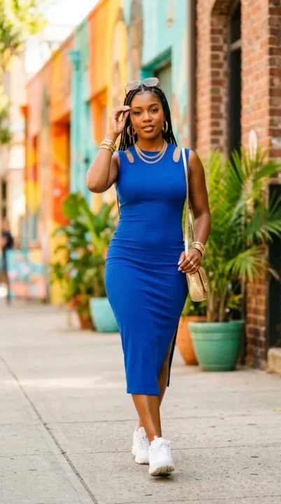 Woman wearing bold colorful bodycon dress with gold jewelry, confident baddie summer outfit celebrating curves