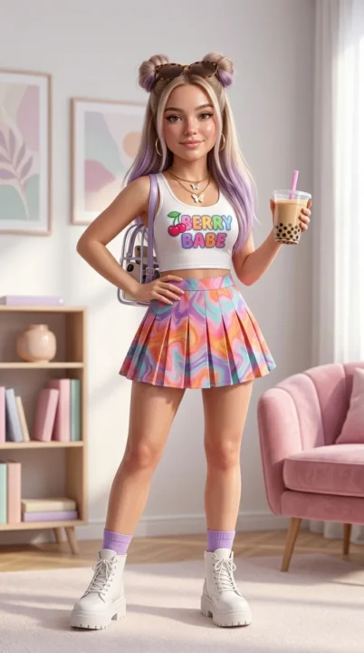 Colorful Berry Avenue avatar in trendy summer baddie outfit with crop top and mini skirt