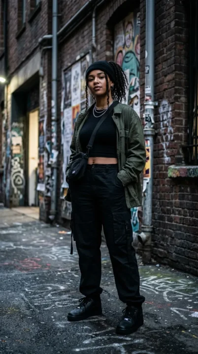 Street-style baddie outfit with black Air Force 1 sneakers, cargo pants, and crop top