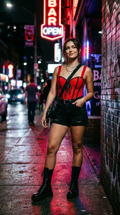 Edgy black and red baddie outfit with crop top and high-waisted bottoms, dramatic summer street style look