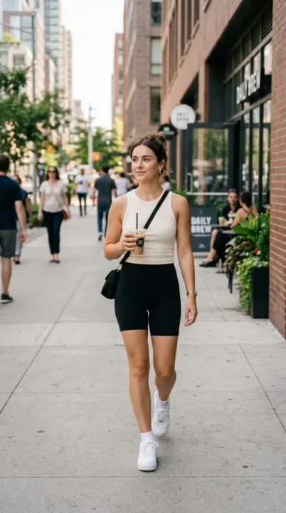Casual baddie outfit with ribbed tank top, biker shorts, and sneakers, effortless everyday summer style