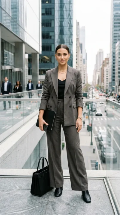 Woman in fitted blazer and tailored trousers, modern corporate baddie summer outfit for office and evening