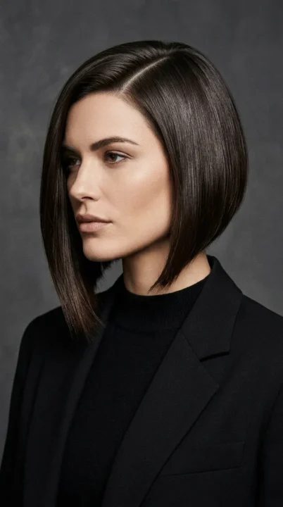 Deep Side Part Sleek Angled Bob
