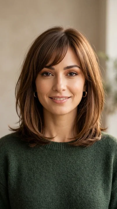 Layered Chestnut Lob And Side Fringe