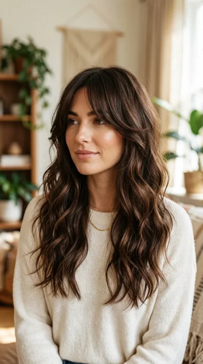 Long Layered Brunette Waves And Curtain Bangs