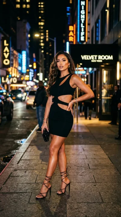 Woman wearing black mini dress with heels and statement accessories, glamorous baddie night out outfit