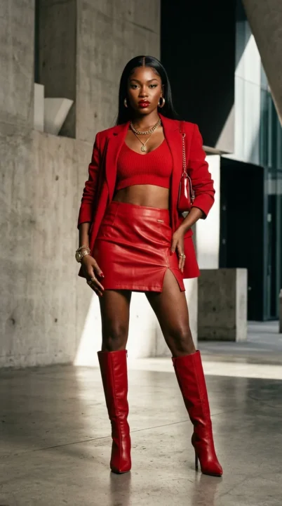 Confident woman in all-red baddie summer outfit with crop top and mini skirt, bold monochrome fashion look
