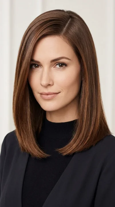 Sleek Chestnut Lob And Side Part