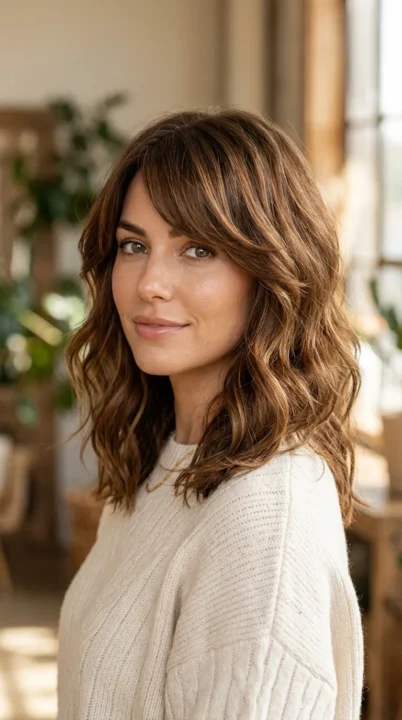 Soft Layered Chestnut Waves And Side Fringe