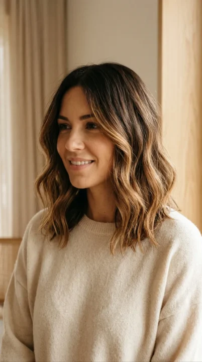 Soft Wavy Lob And Warm Brunette Balayage