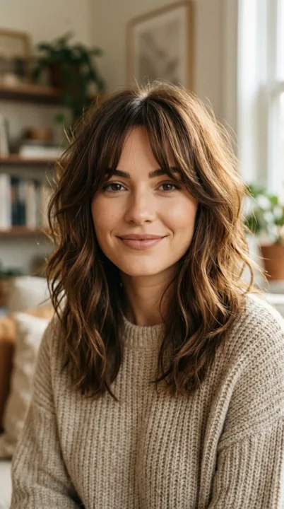 Tousled Chestnut Layers And Soft Curtain Bangs