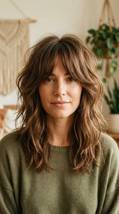 Tousled Chestnut Shag And Soft Curtain Bangs
