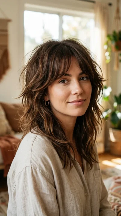 Tousled Chestnut Shag And Soft Curtain Bangs