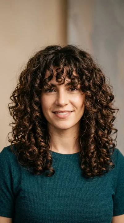 Voluminous Chocolate Curls And Curly Fringe